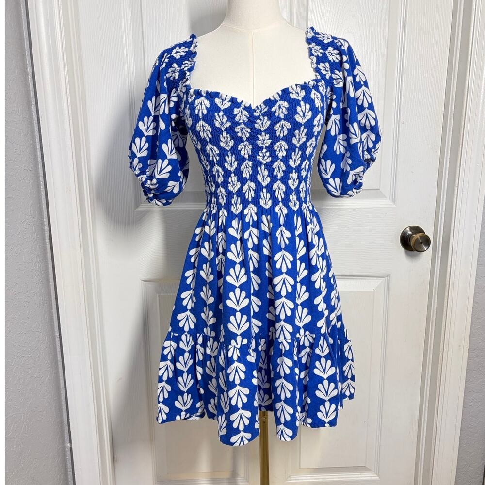 VAIVA by Johania Valentina Smocked Mini Blue Dress Milkmaid Cottagecore